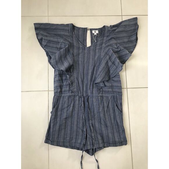 Mudpie Isla Romper Striped Ruffle Sleeve Drawstring - Picture 1 of 12